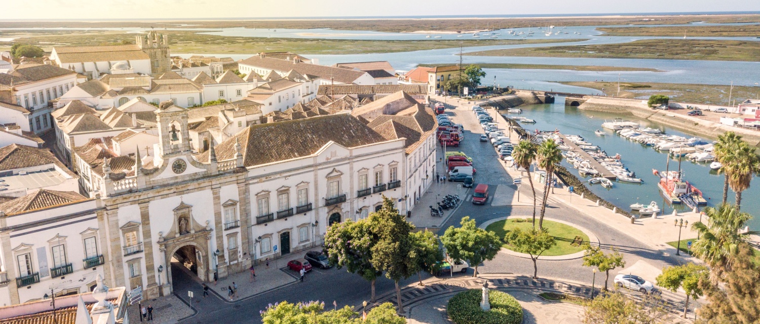 City center of Faro by Ria Formosa, capital city of Algarve, Portugal